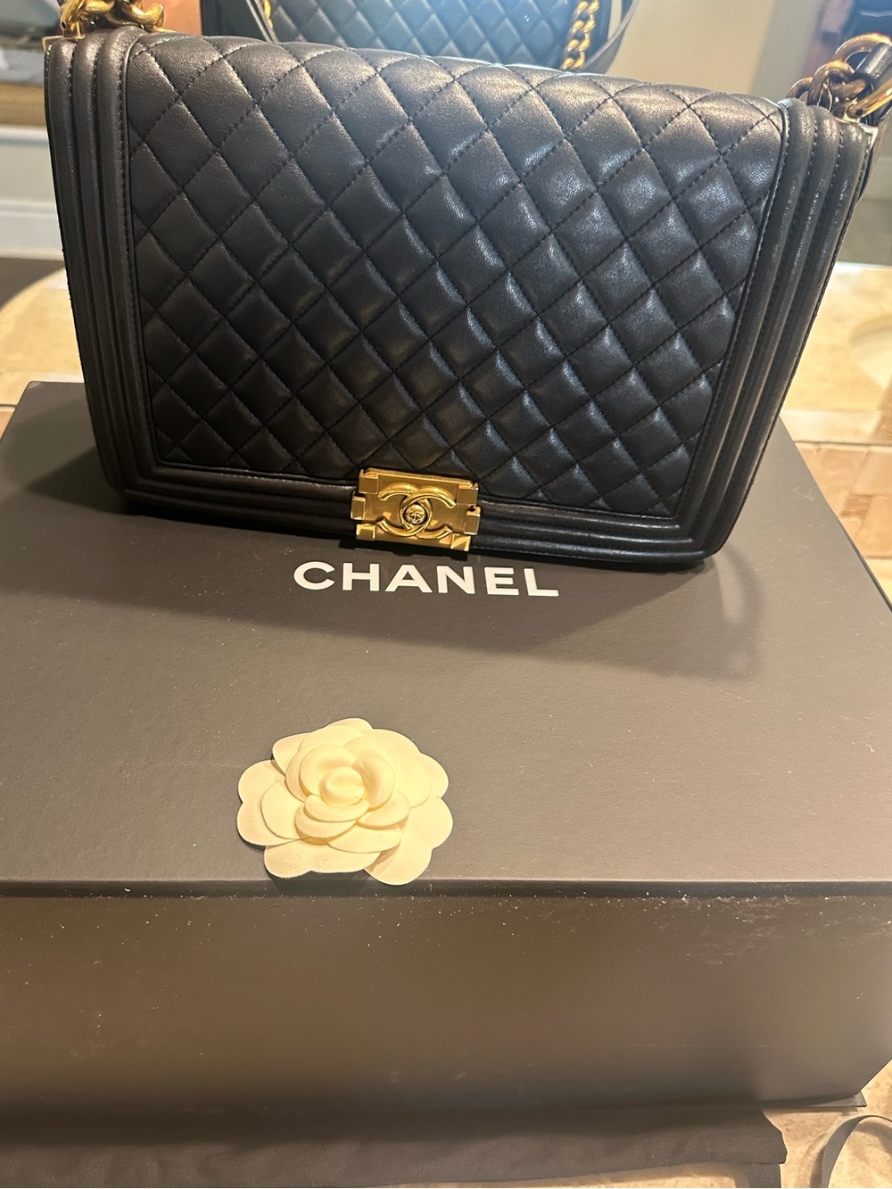 CHANEL Black Quilted Boy Shoulder Bag with Gold Hardware